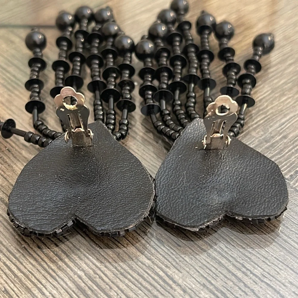 Vintage 80’s Black Sequin & Beaded Heart Clip Earrings